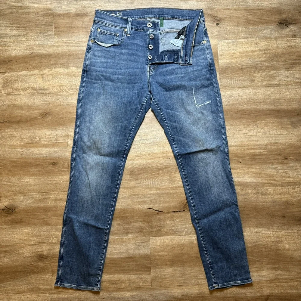 G-Star RAW Jeans Mens 31x32 Blue 3301 Slim Fit‎ Stretch Medium Wash Denim Pants